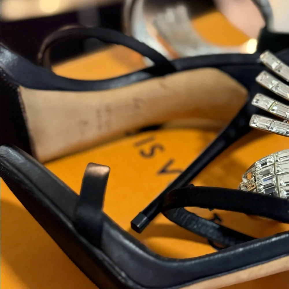 Giuseppe Zanotti Black Satin Heels with Silver Crystal Straps - Picture 6 of 6